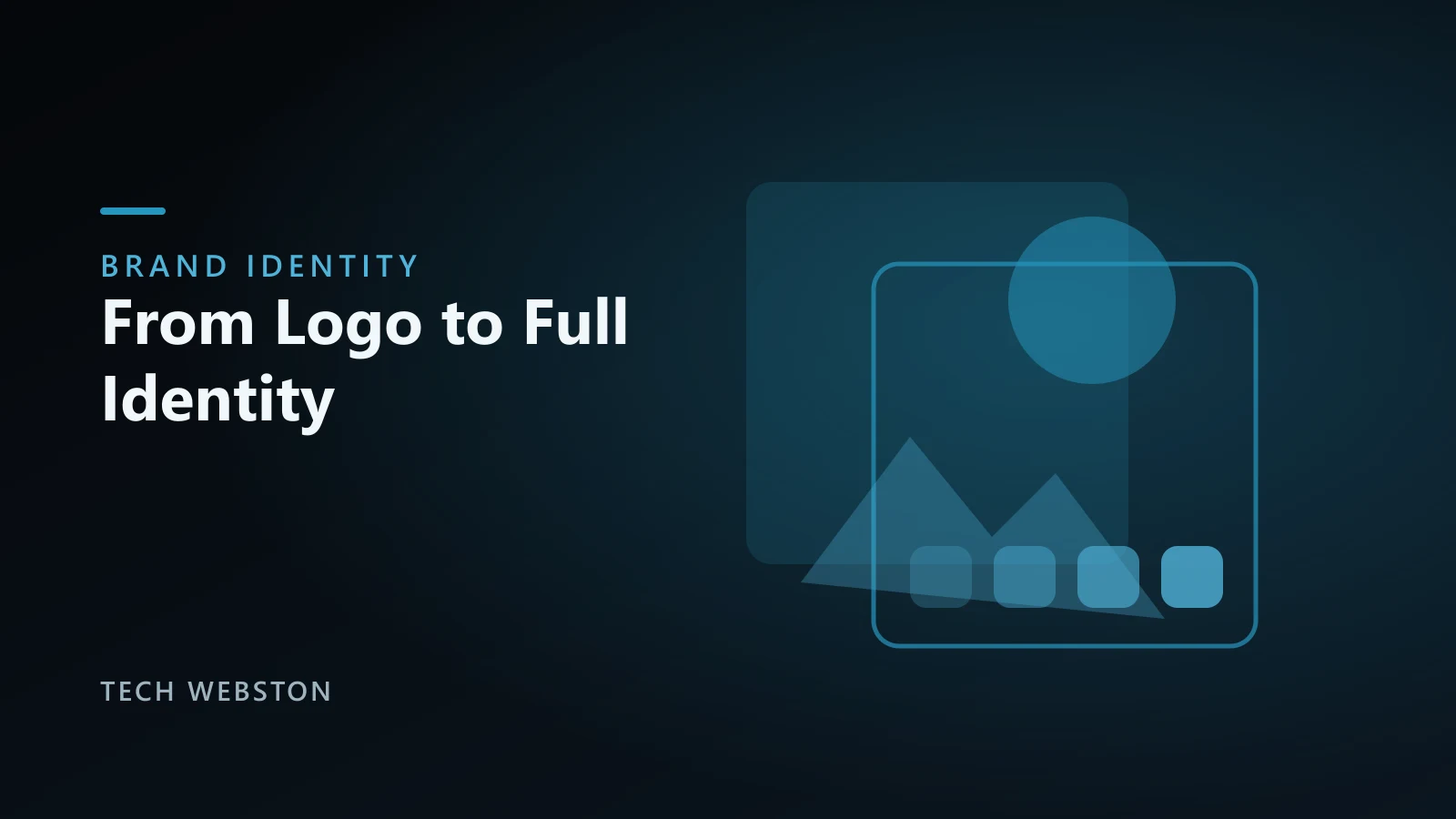 Brand identity system illustration showing a logo mark, color palette chips, and layered brand artboards