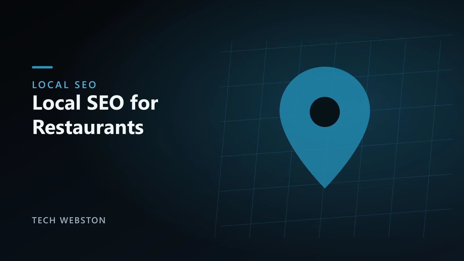 Local SEO for restaurants illustration with a map pin marking a cafe location across a city street grid